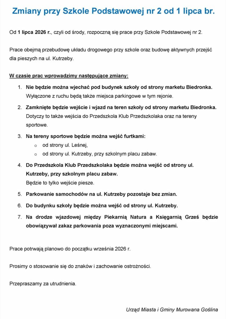 Zmiany organizacyjne przy Szkole Podstawowej nr 2 od 1 lipca 2026 r.